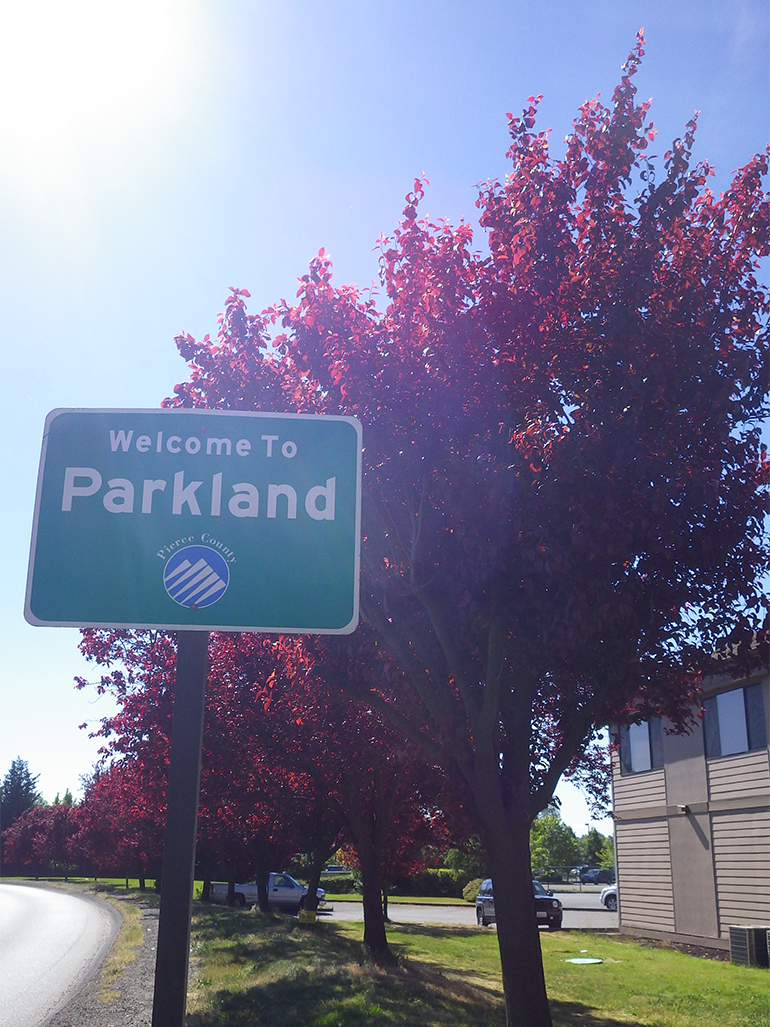 Welcome to Parkland sign with tree in background